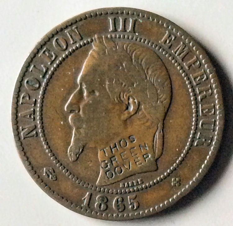 Thomas Green 10 Centimes coin 1865