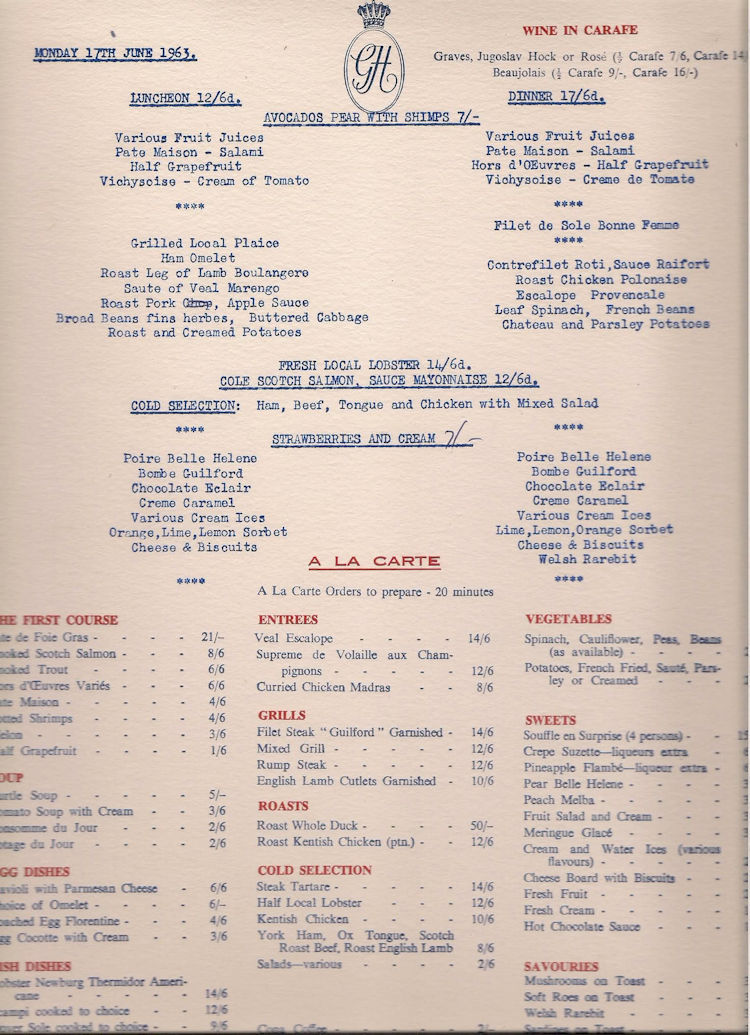 Guilford Hotel menu 1963