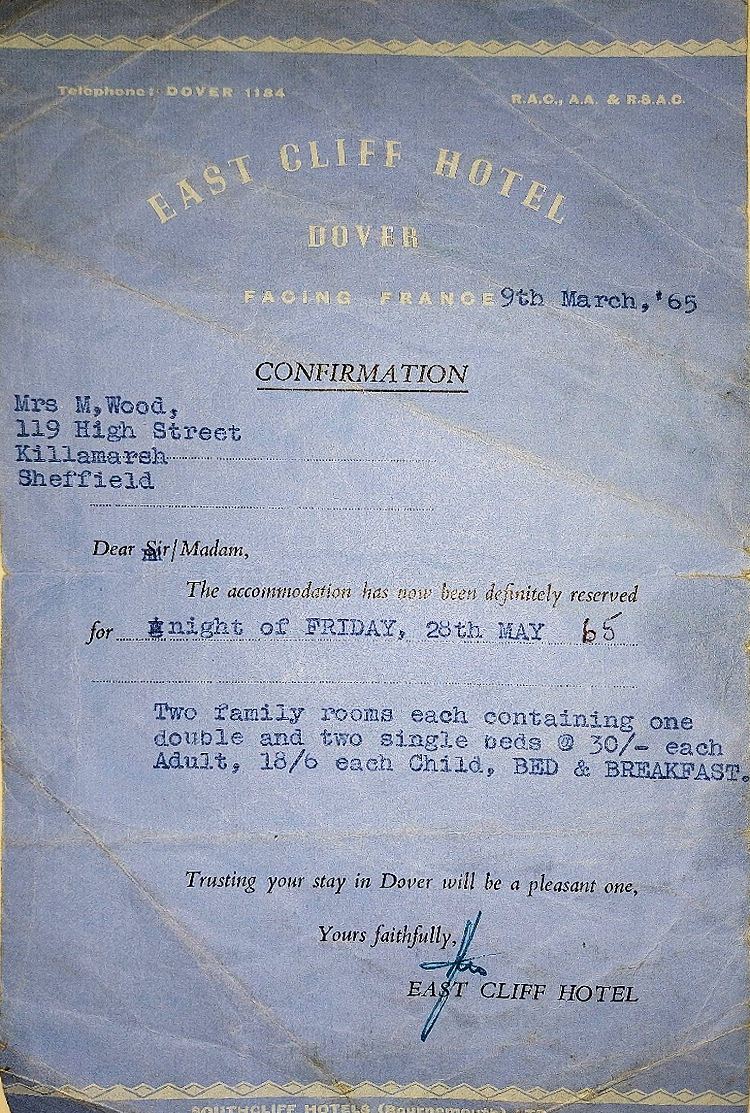 East Cliff Hotel conformation slip 1965