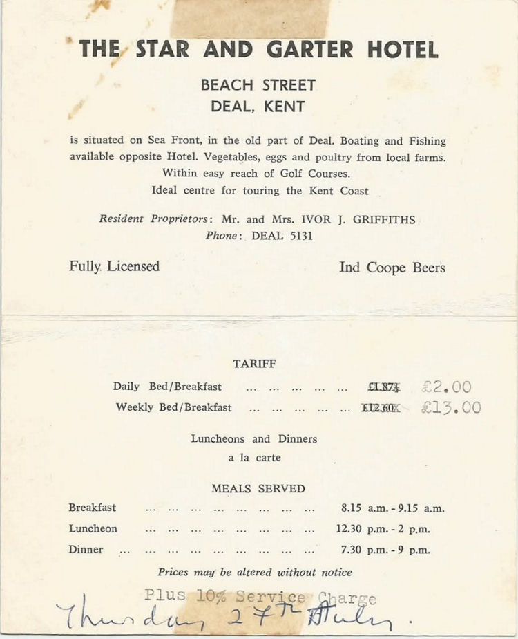 Star and Garter price card 1974